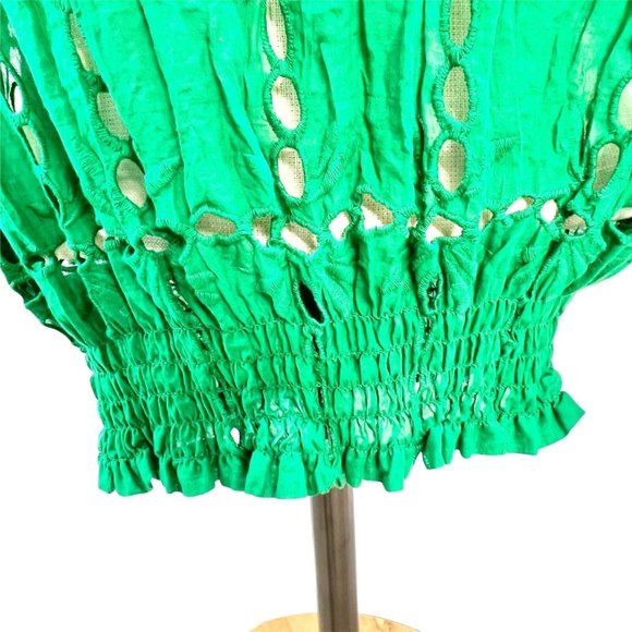 INC Macys Size 4 Green Envy Crinkle Top with Eyelets Off Shoulder - Picture 3 of 11